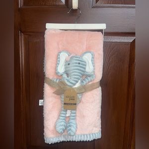 Chick Pea Baby Pink Plush Blanket Lovey Sz 30x36” & Grey Elephant Toy Set NWT